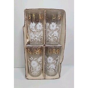 4 Vintage Hazel Atlas WHITE ASTER Gold Trim Glasses Cocktail Low Ball W/Box
